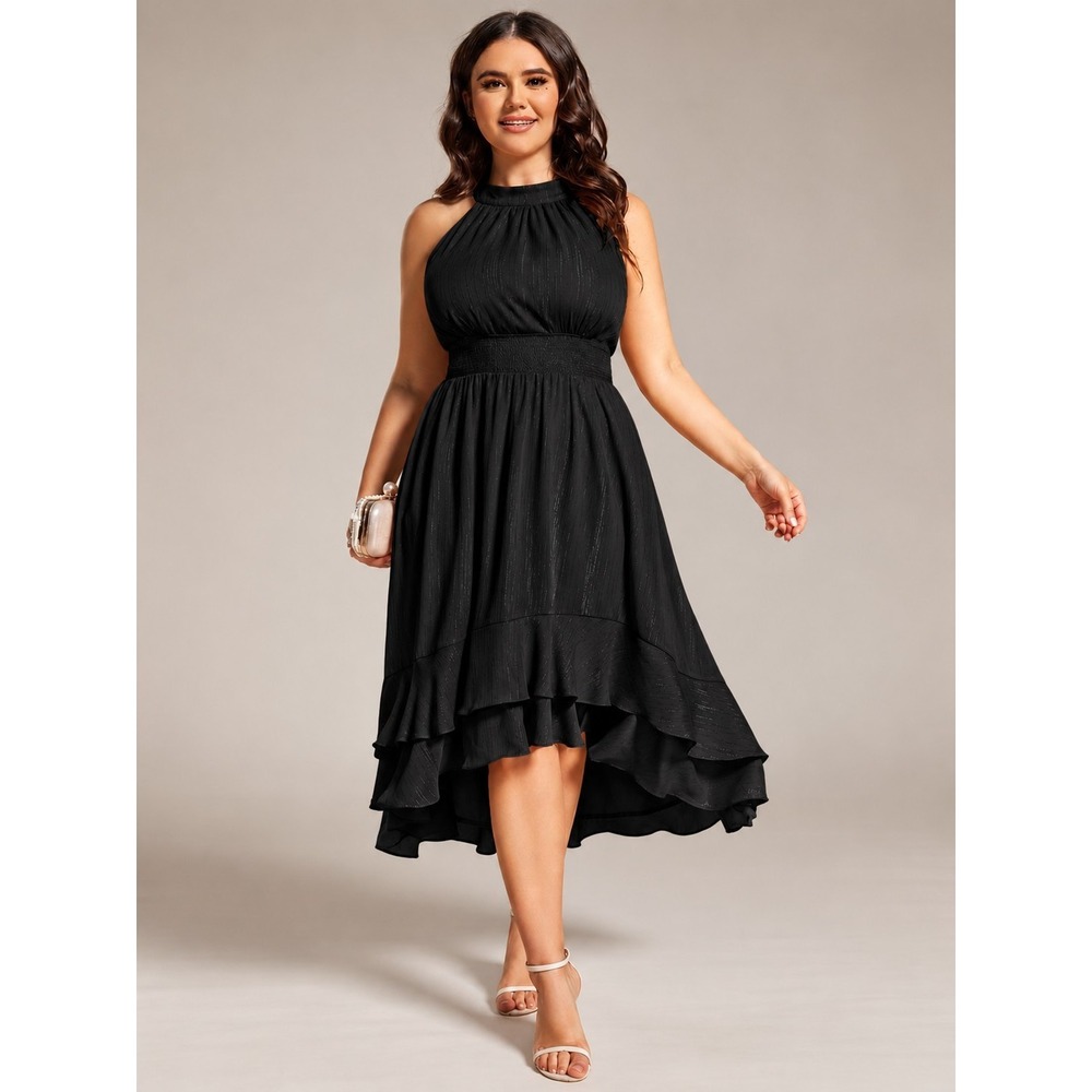 Ever Pretty Womens 26 Black Shimmer Halter High Low Ruffle Wedding Guest Dress